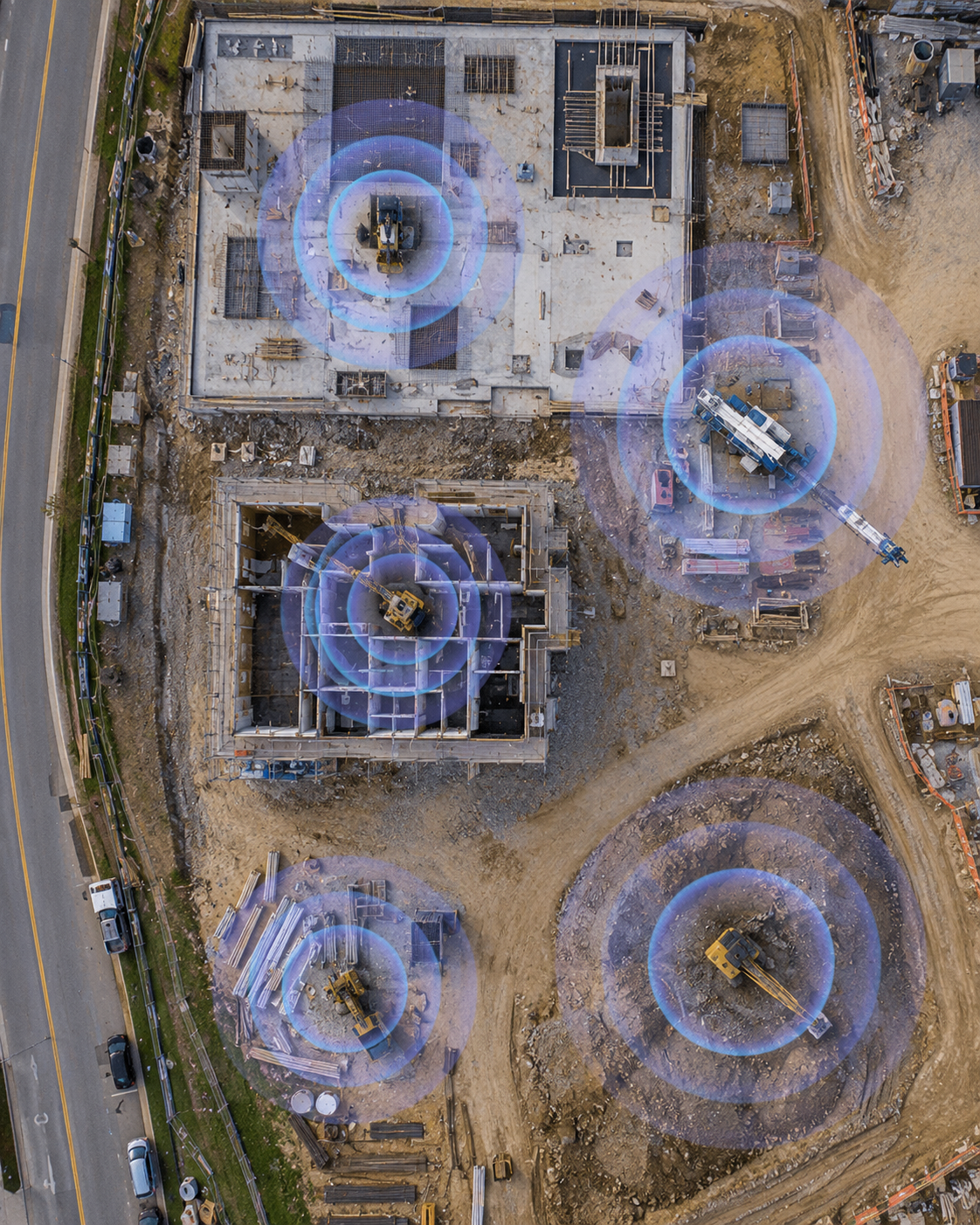 Vernetzte Baumaschinen auf einer Baustelle aus der Vogelperspektive